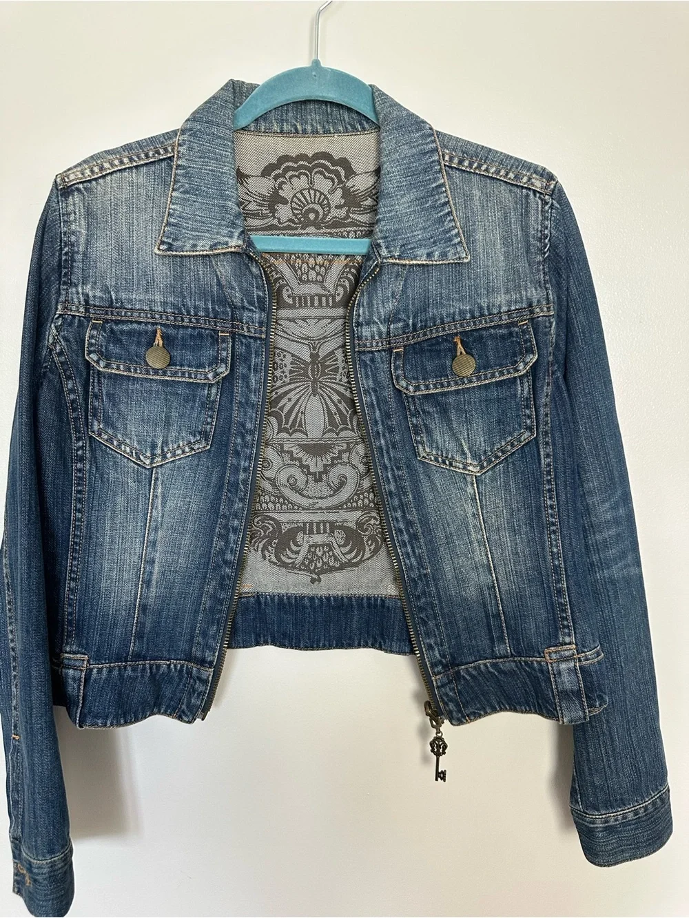 CAbi Reversible Denim Jean Jacket with printed Back Panel